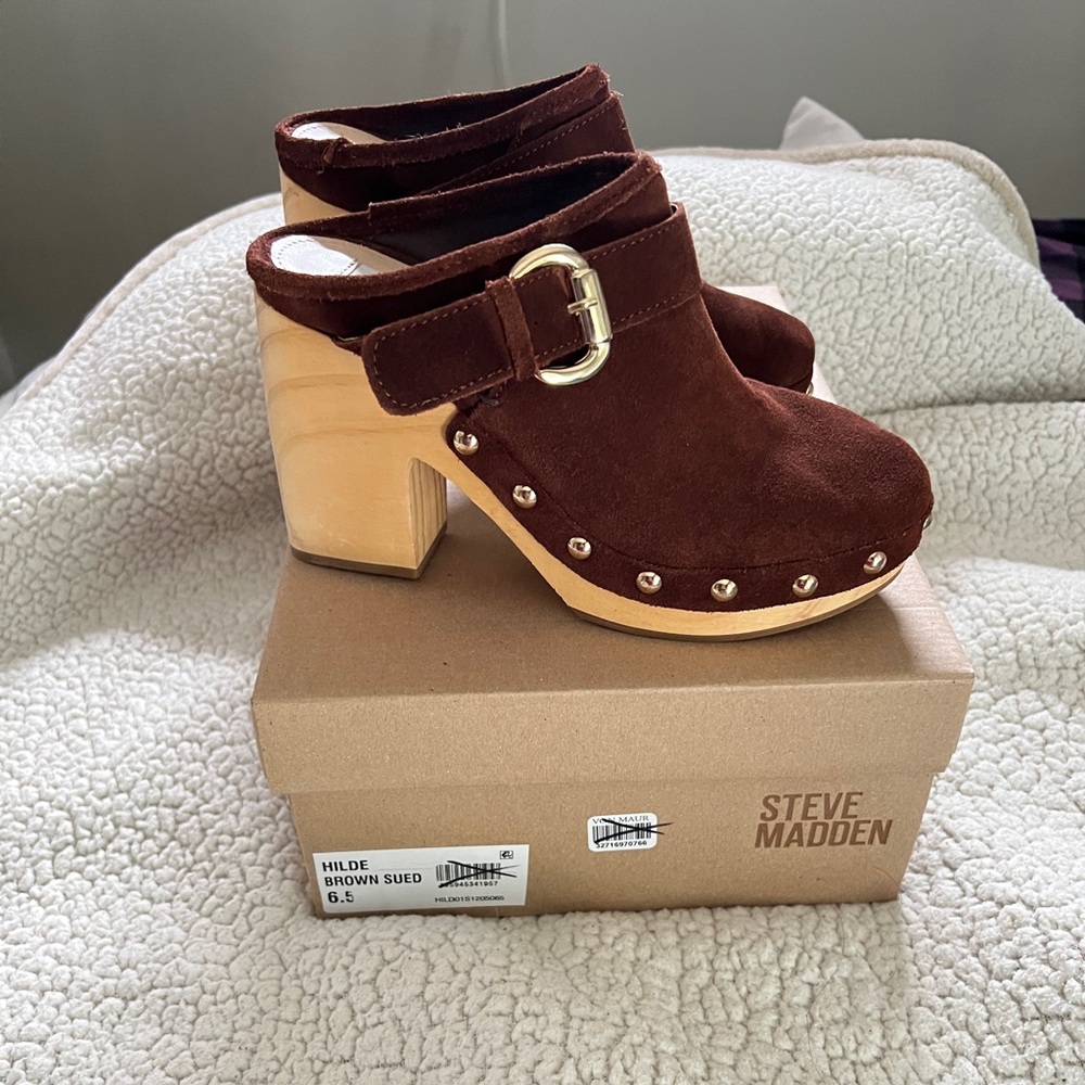 Steve Madden Chocolate Suede Mules with Wooden Heel